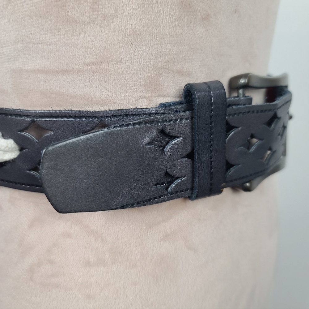 Vintage Charcoal Gray Western Leather Serape Silver-Tone Stamped Concho Belt M - Picture 9 of 16